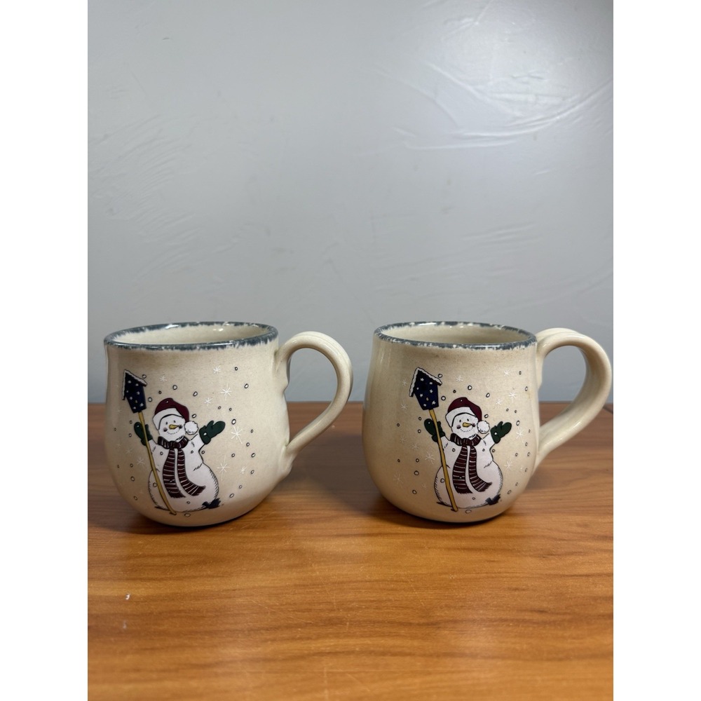 Vintage Home and Garden Party Snowman Hand Thrown Coffee Cup Mug Set Of 2